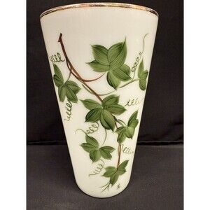 White vintage Opaline Glass Handpainted Vase with green ivy grape leaves 10.25”